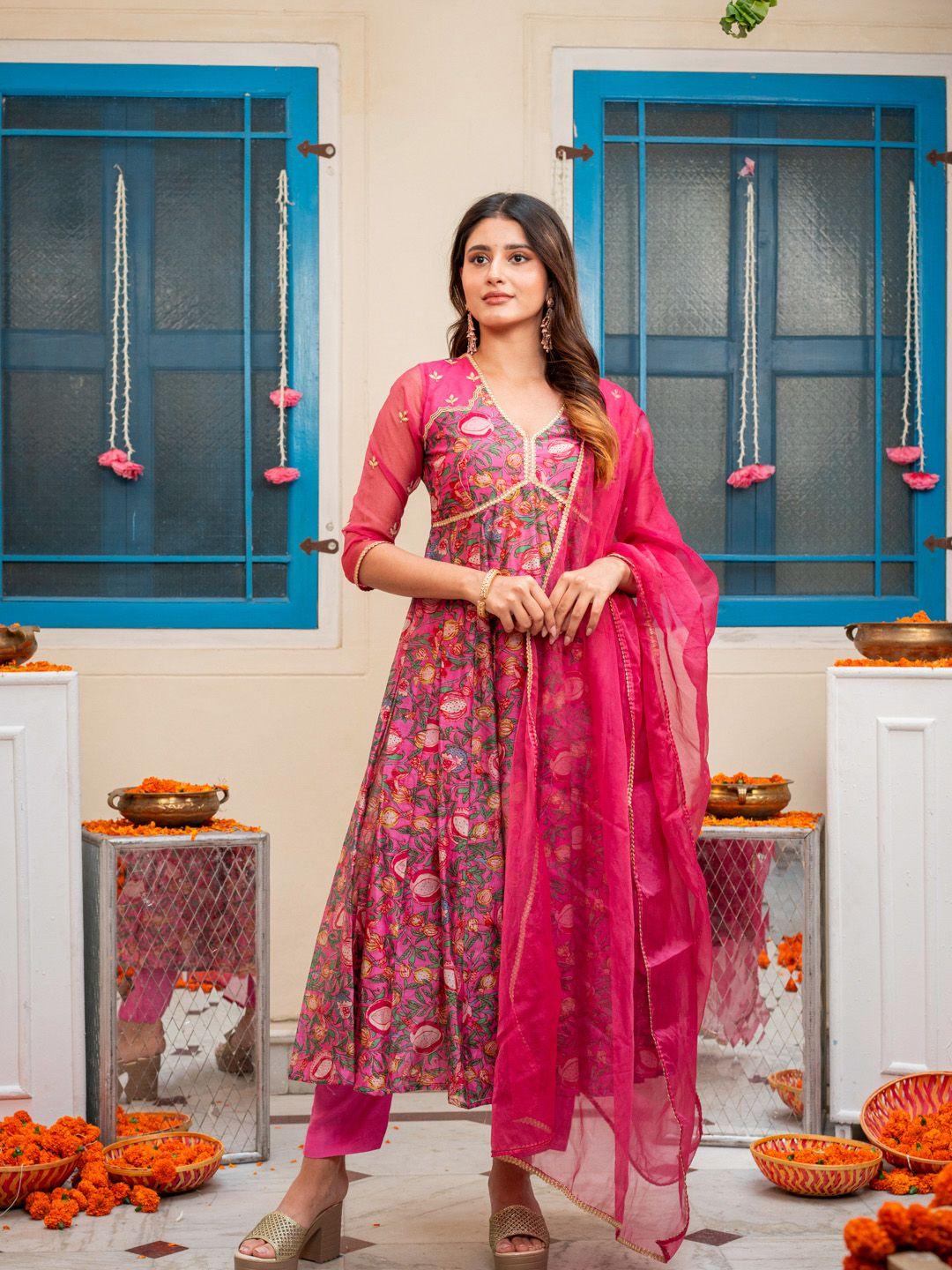 ambraee floral gotta patti empire v-neck anarkali ethnic kurta with trousers & dupatta