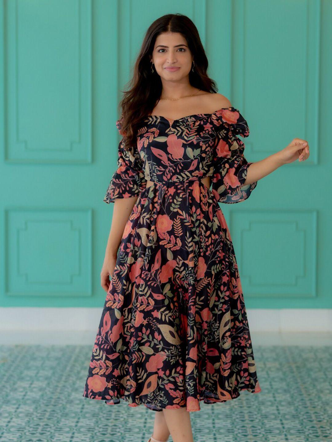 ambraee floral print off-shoulder fit & flare pleated cotton midi dress