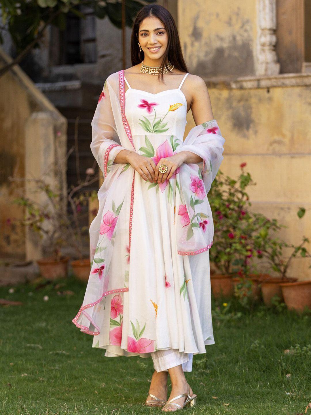 ambraee floral printed anarkali kurta with trousers & dupatta