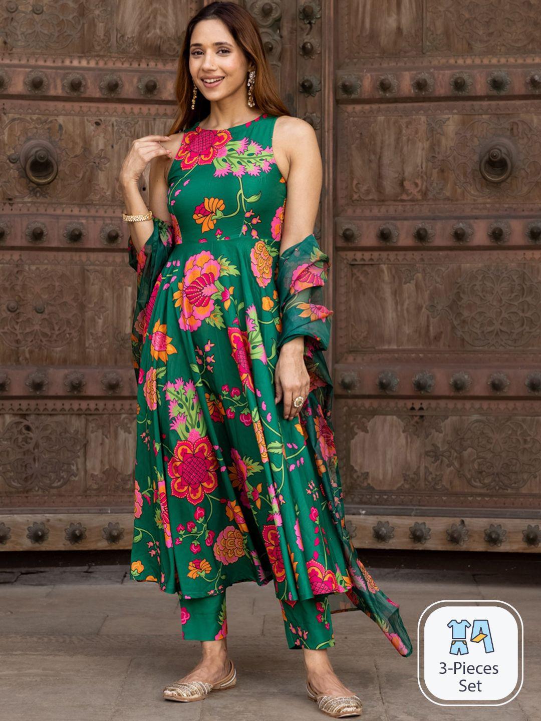 ambraee floral printed anarkali kurta with trousers & dupatta