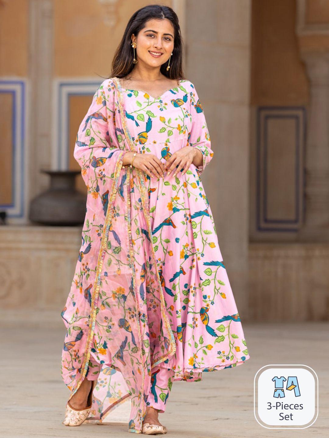 ambraee floral printed anarkali kurta with trousers & dupatta