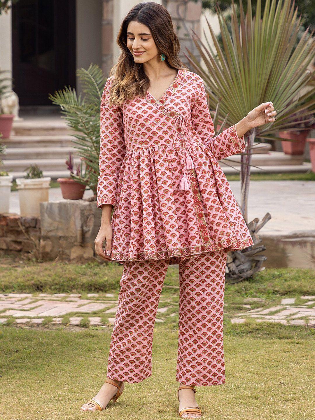 ambraee floral printed angrakha a-line kurta with trousers