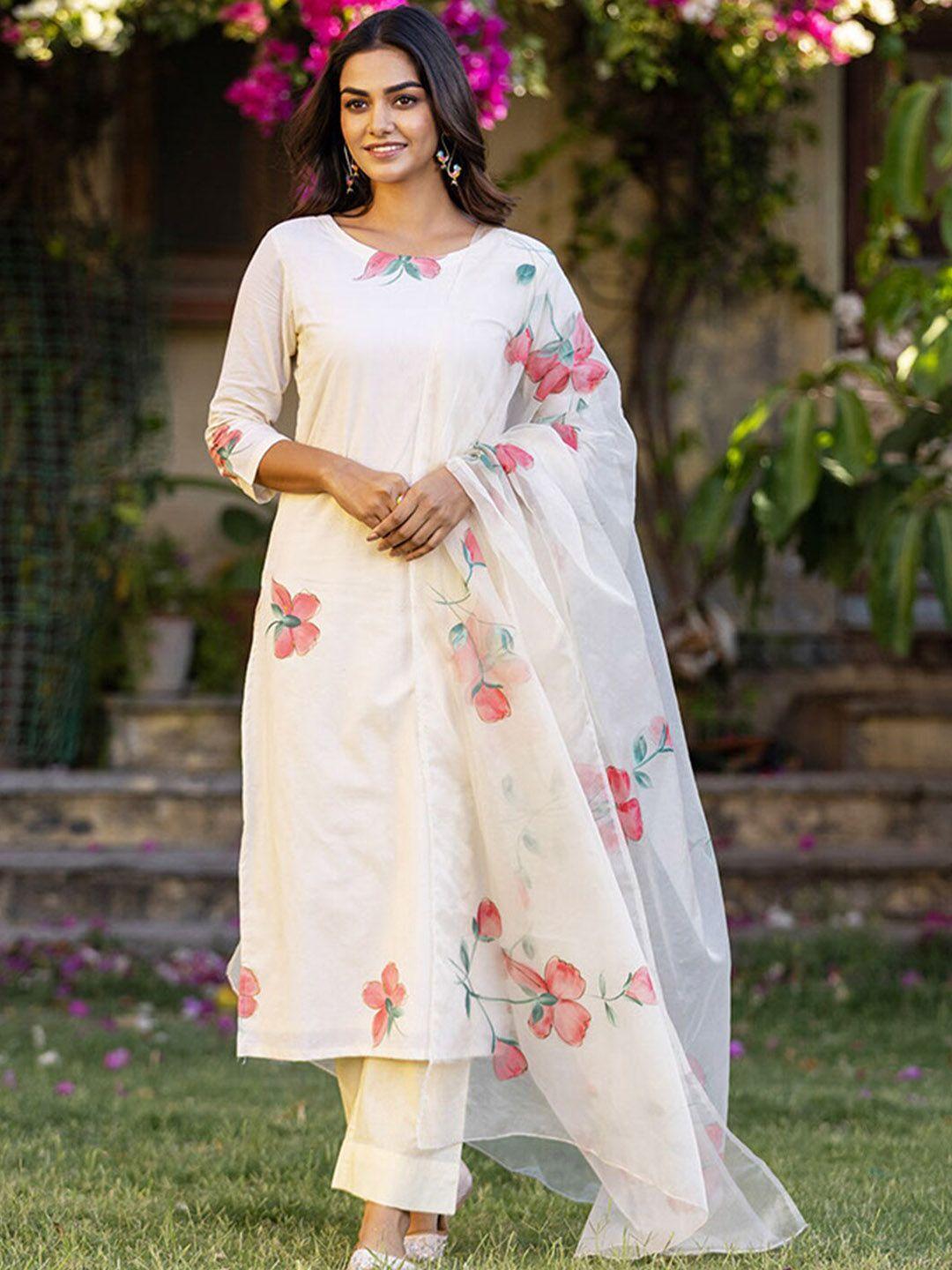 ambraee floral printed boat neck kurta with trousers & dupatta