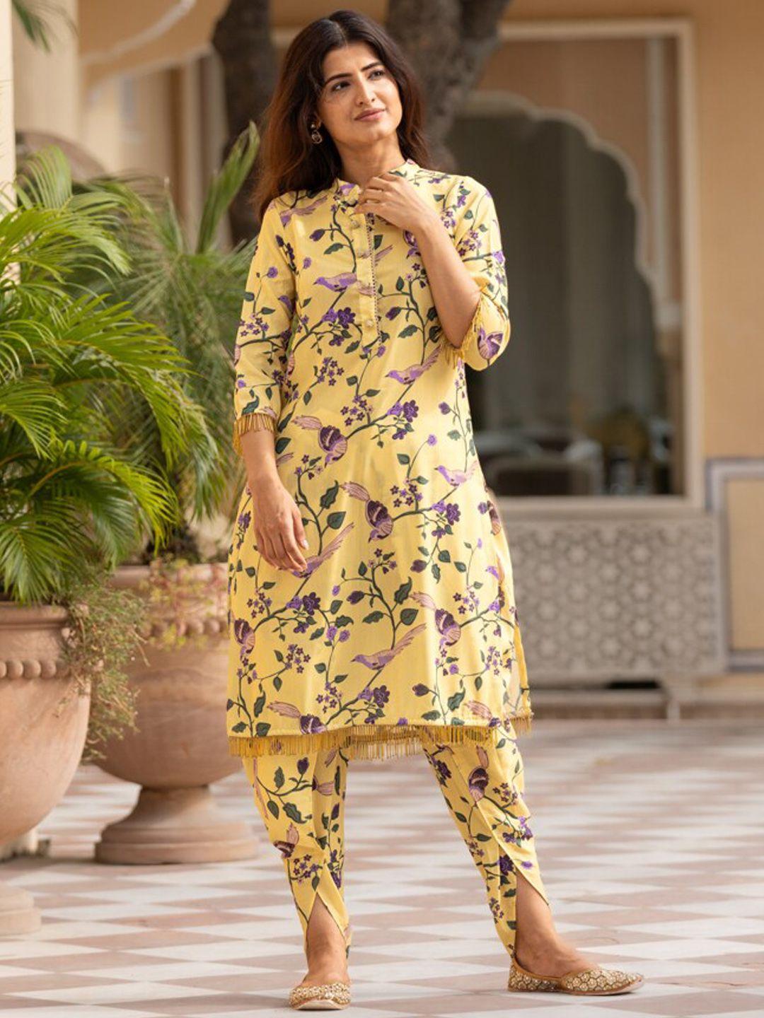 ambraee floral printed embellished straight kurta with dhoti pants