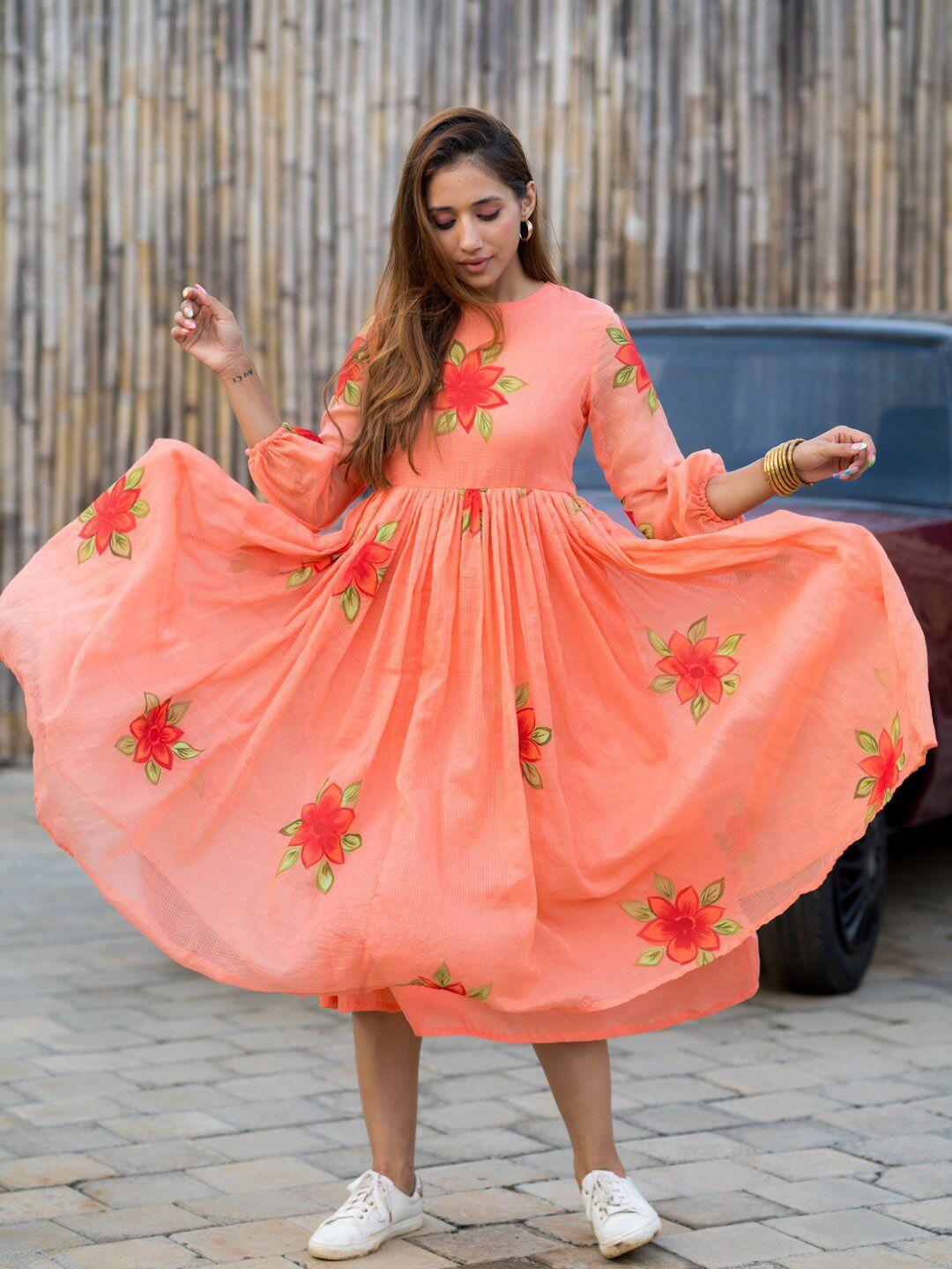 ambraee floral printed puff sleeves gathered cotton fit & flare midi dress
