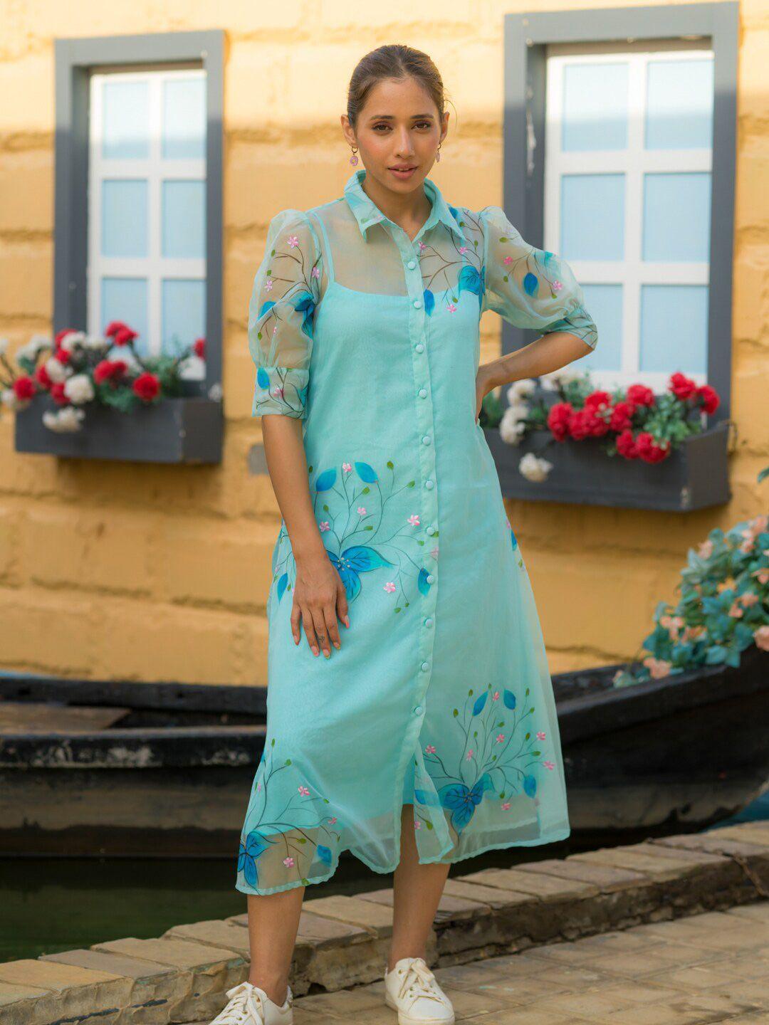 ambraee floral printed puff sleeves organza shirt dress