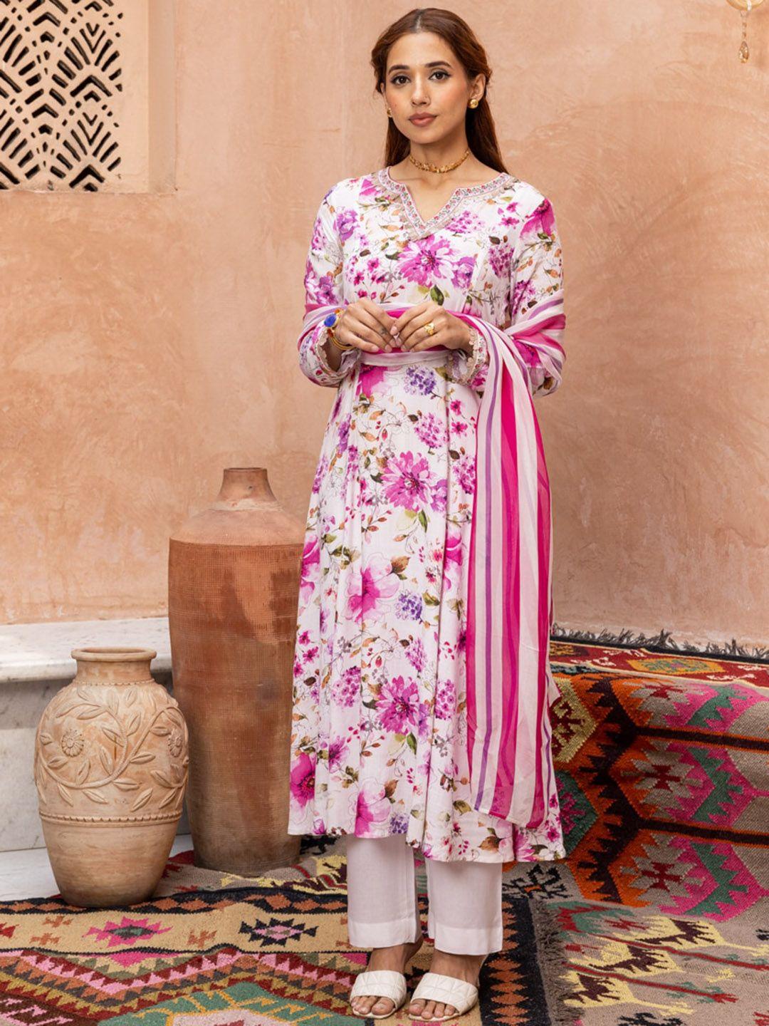 ambraee floral printed round neck straight kurta with trousers &  dupatta