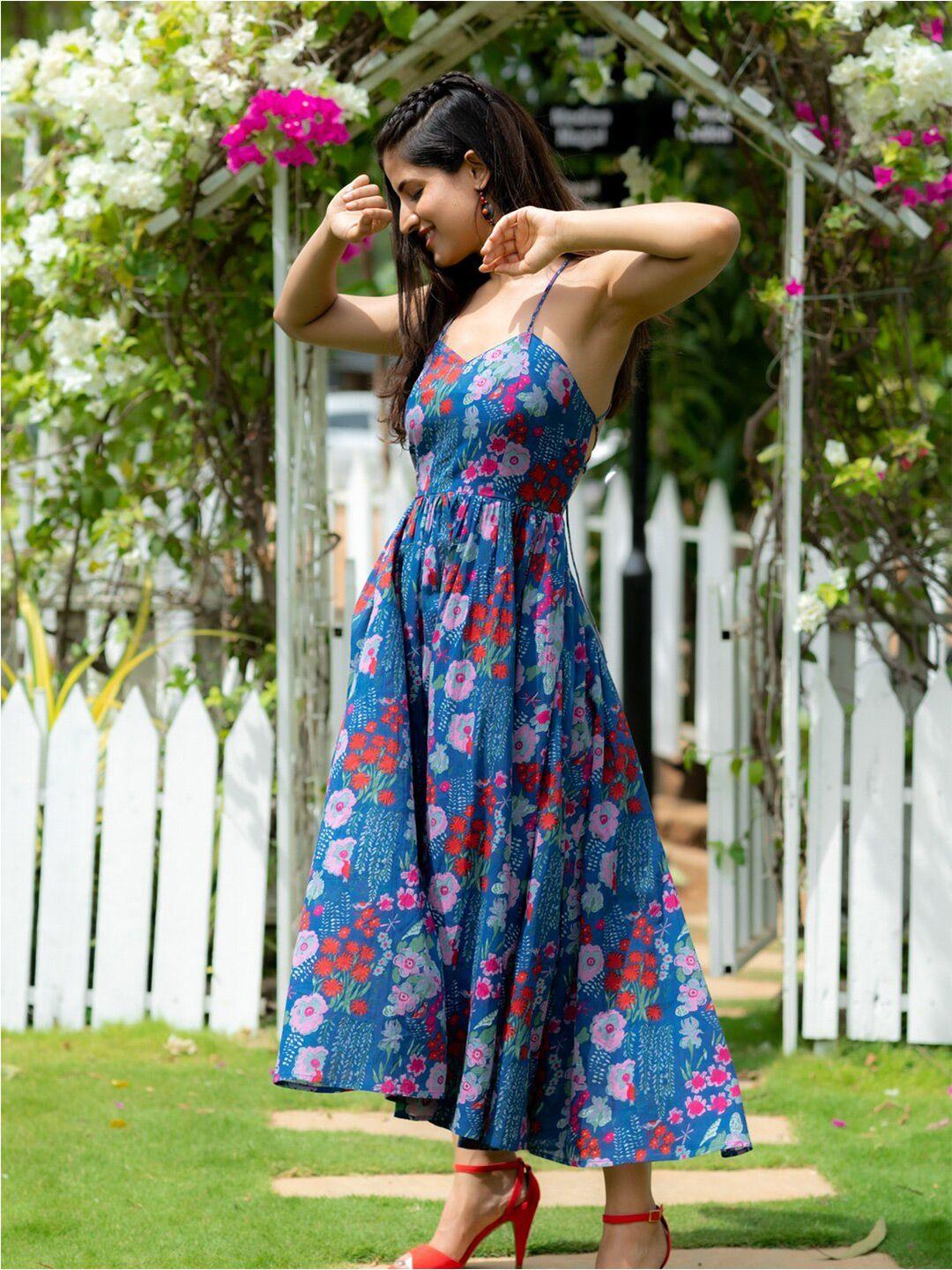 ambraee floral printed shoulder straps cotton fit & flare dress