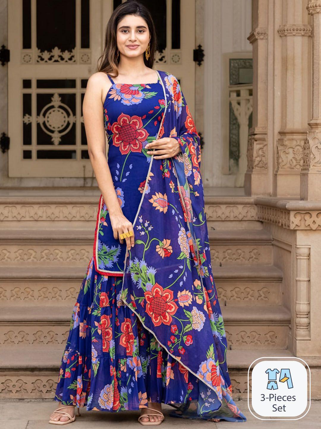 ambraee floral printed shoulder straps straight kurta & sharara with dupatta