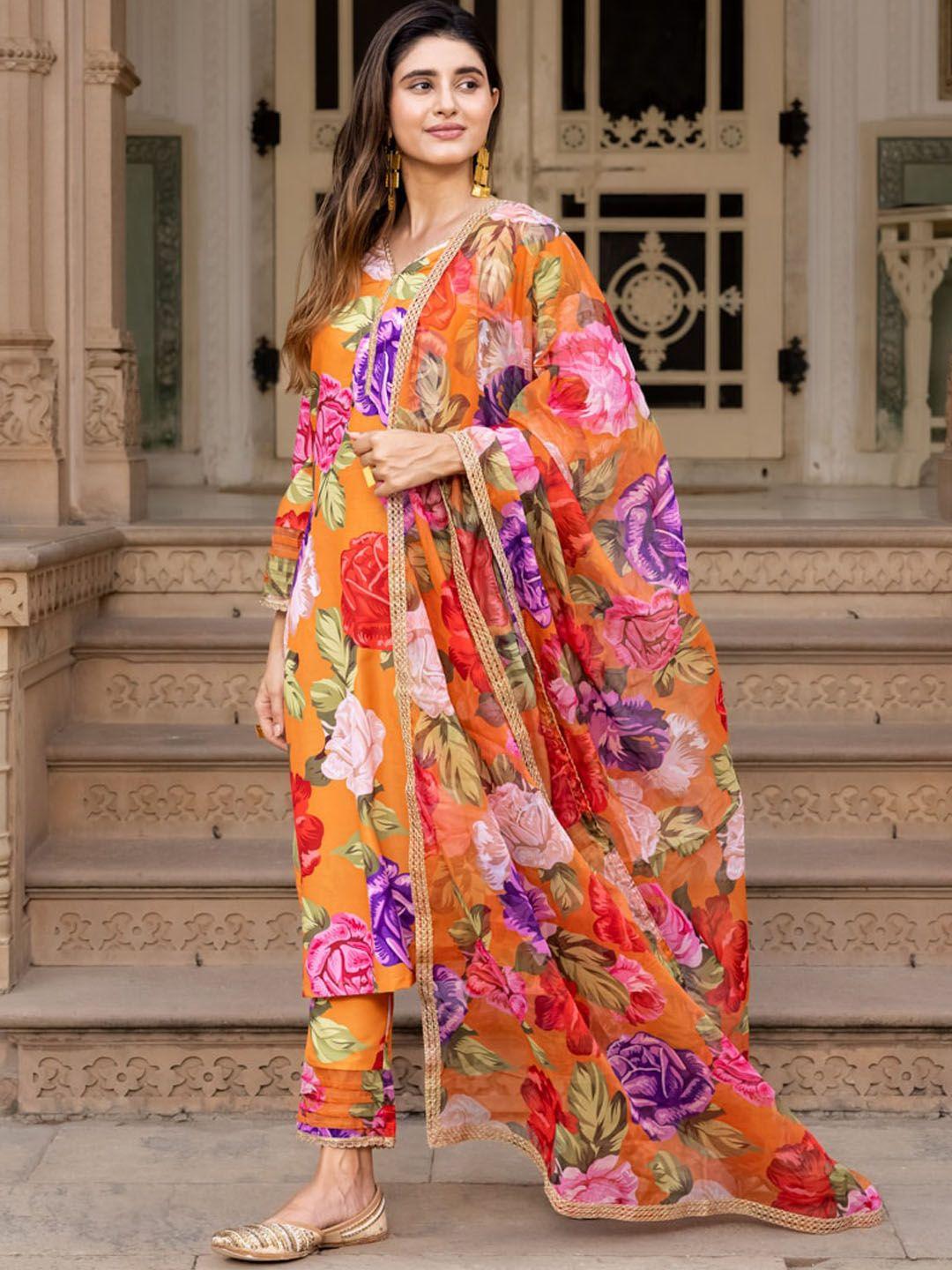 ambraee floral printed v-neck bell sleeves straight kurta with trousers & dupatta