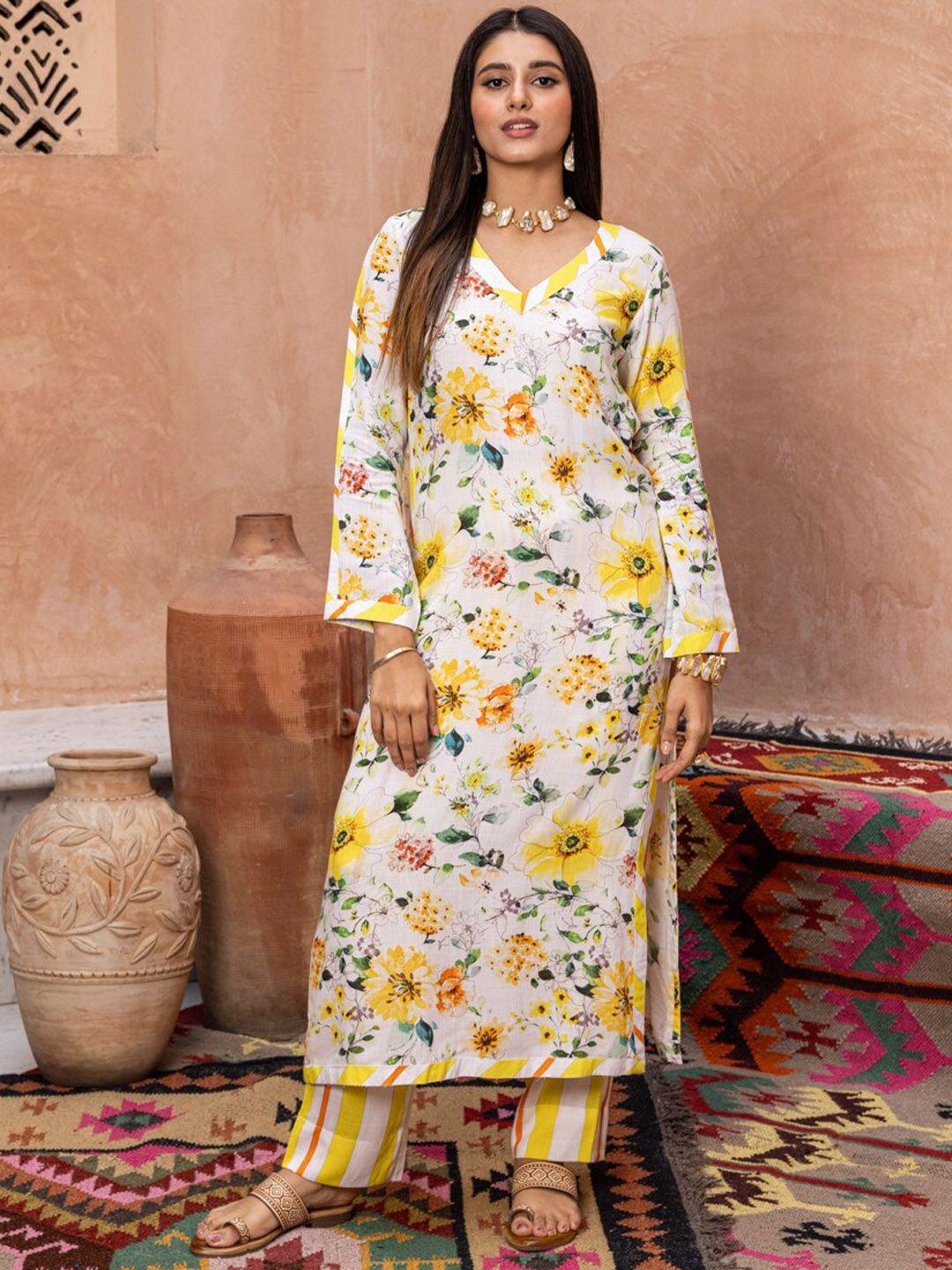 ambraee floral printed v-neck kurta with trouser