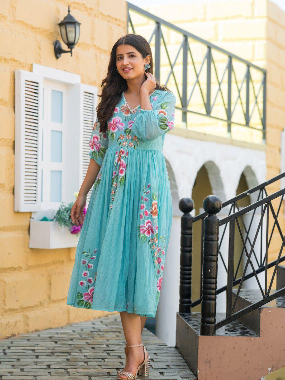 ambraee floral printed v-neck puff sleeves gathered cotton a-line midi dress