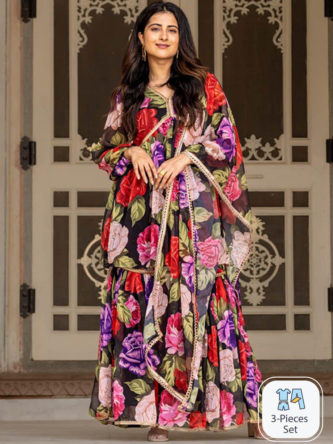 ambraee floral printed v-neck straight kurta & sharara with dupatta