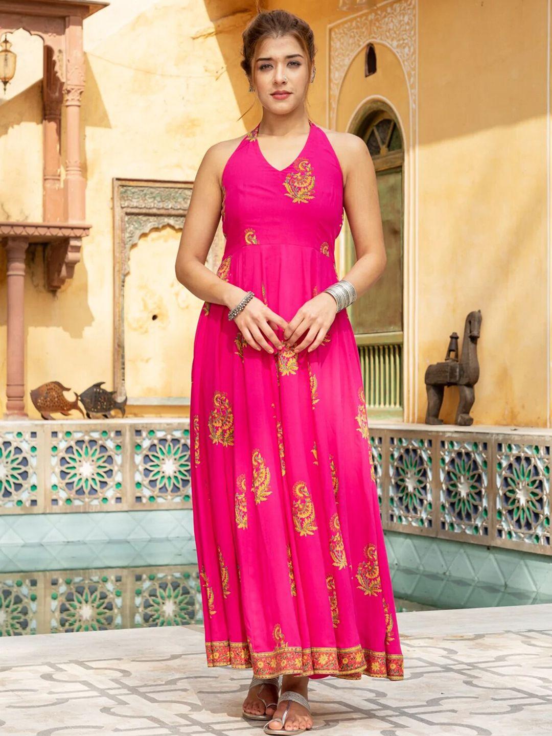 ambraee pink ethnic motifs halter neck maxi dress