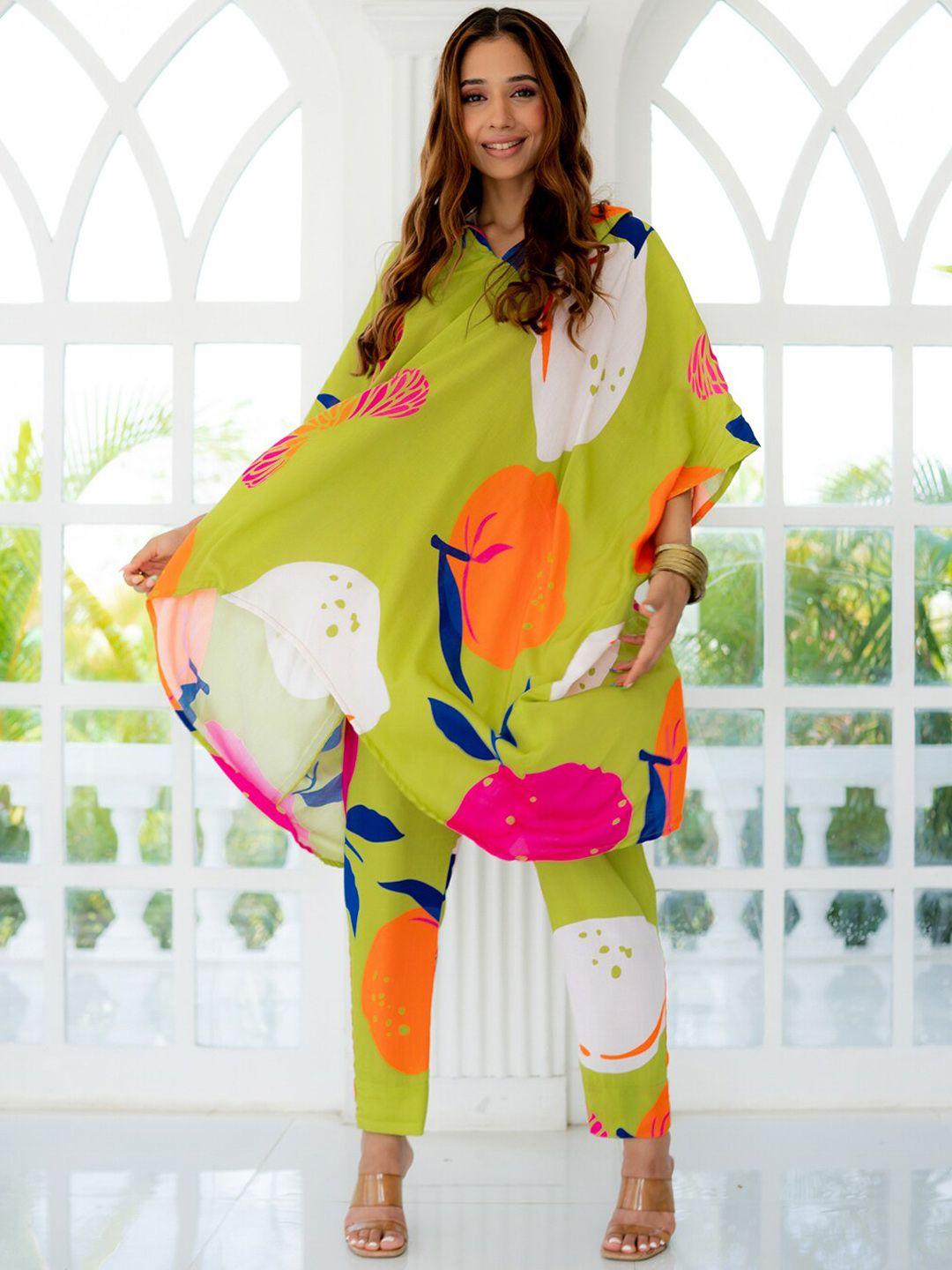 ambraee printed shirt collar kaftan tunic & trouser