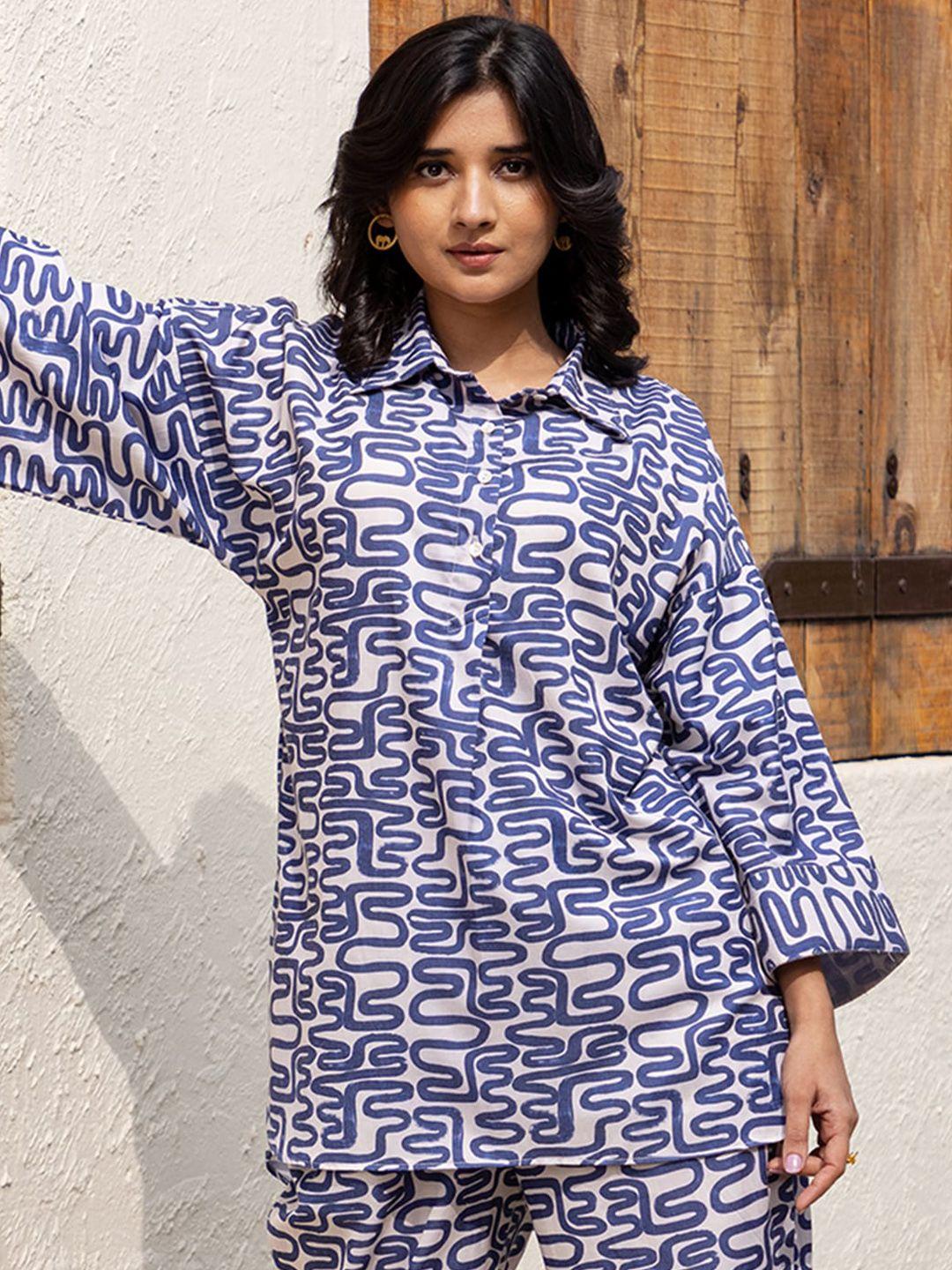 ambraee printed spread collar shirt with trouser co-ords