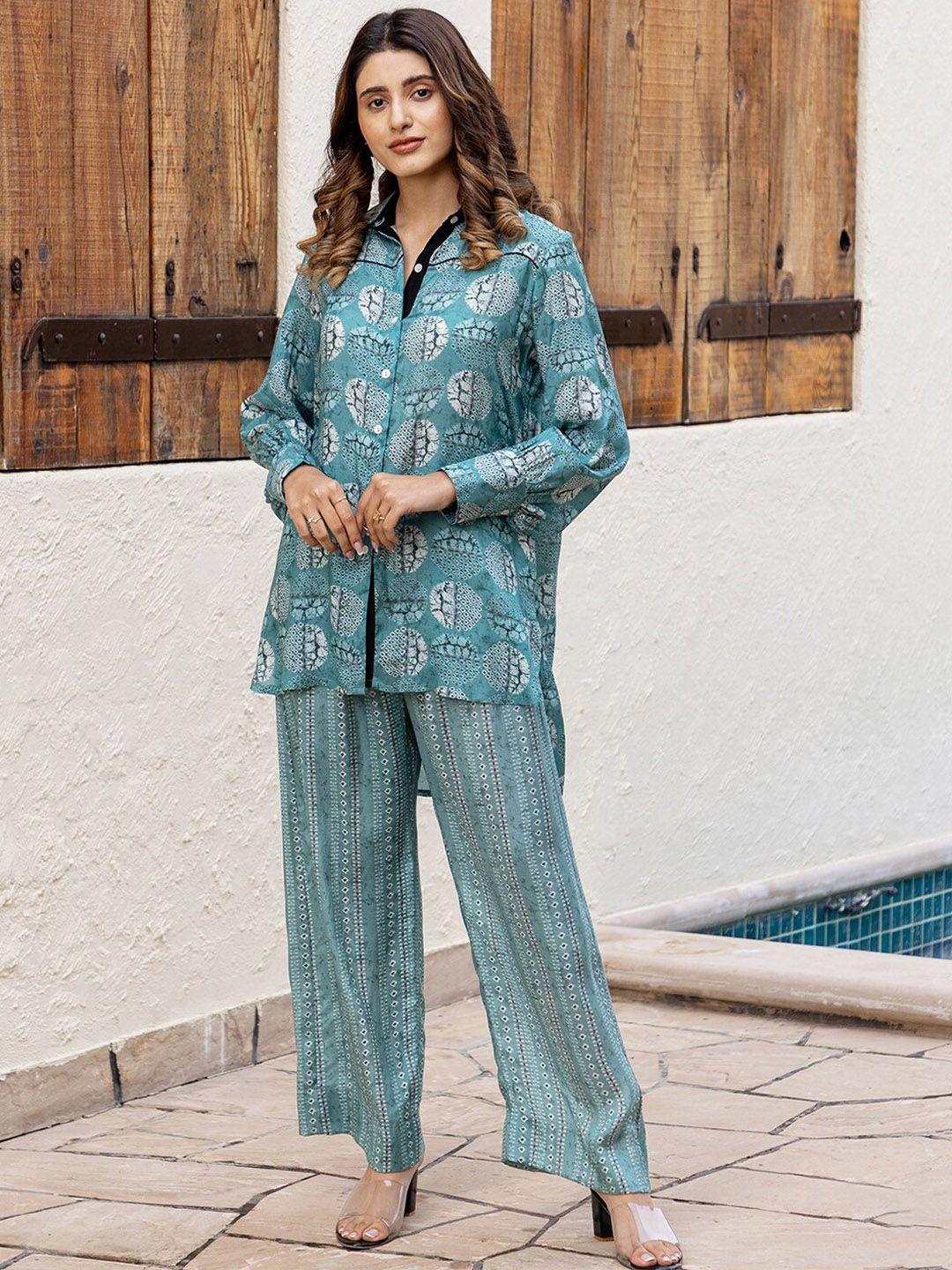 ambraee raso indie printed high-low shirt with trousers