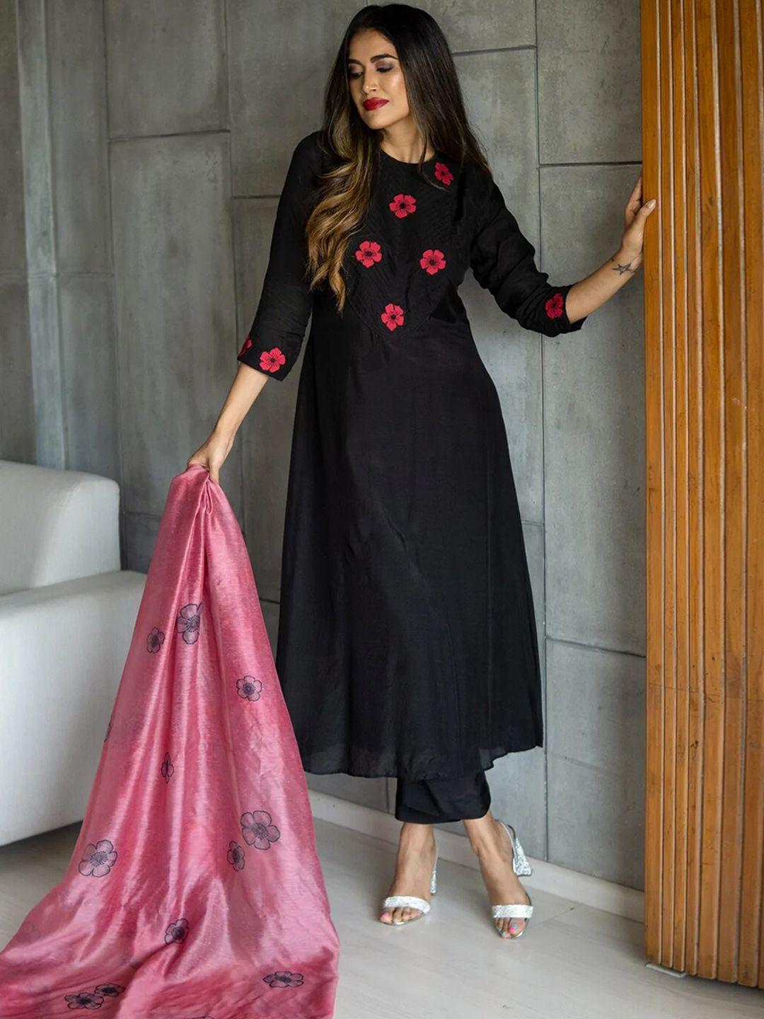 ambraee women black floral embroidered kurta with trousers & dupatta