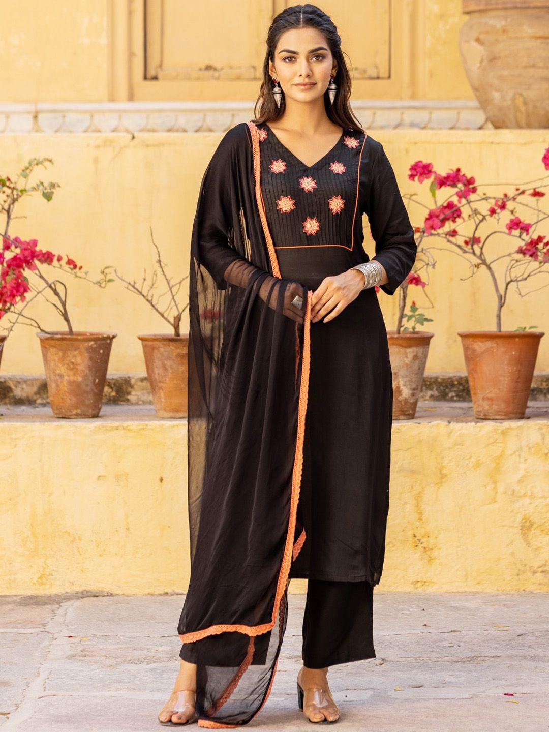 ambraee women black yoke design regular kurta with trousers & with dupatta