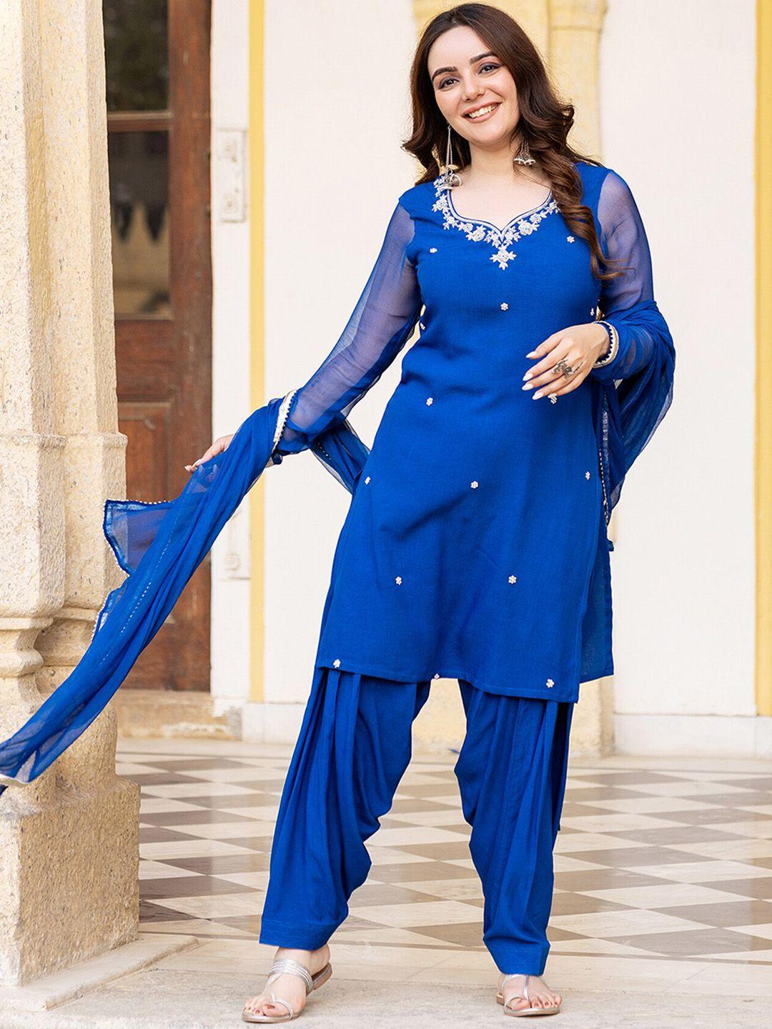 ambraee women blue floral embroidered regular kurta with dhoti pants & with dupatta