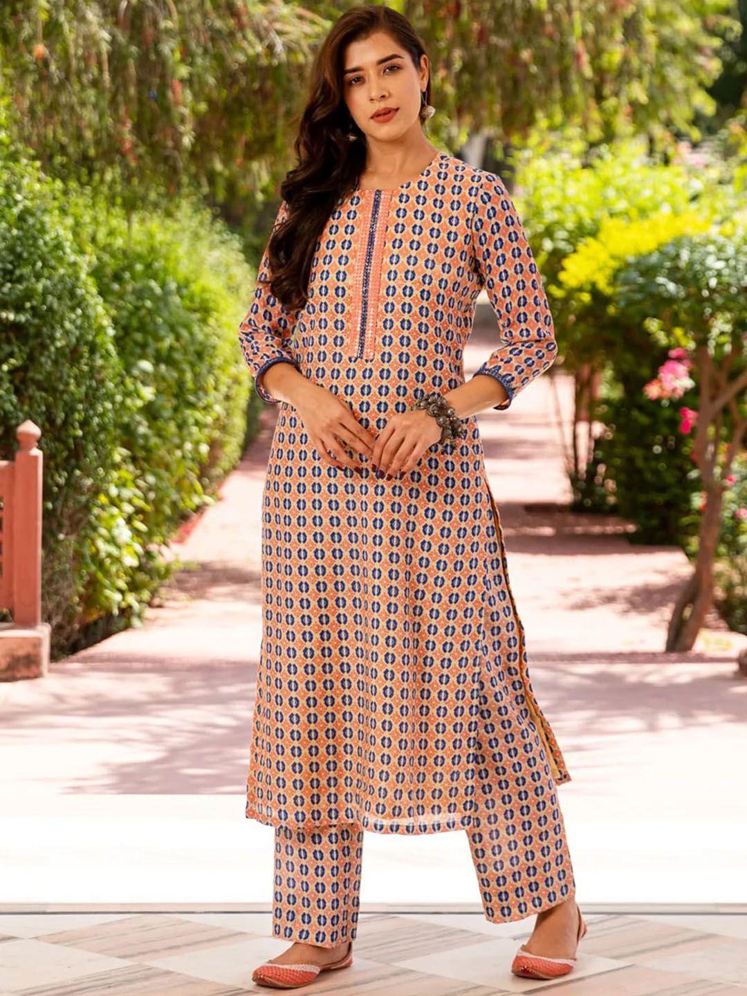ambraee women coral printed kurta with trousers