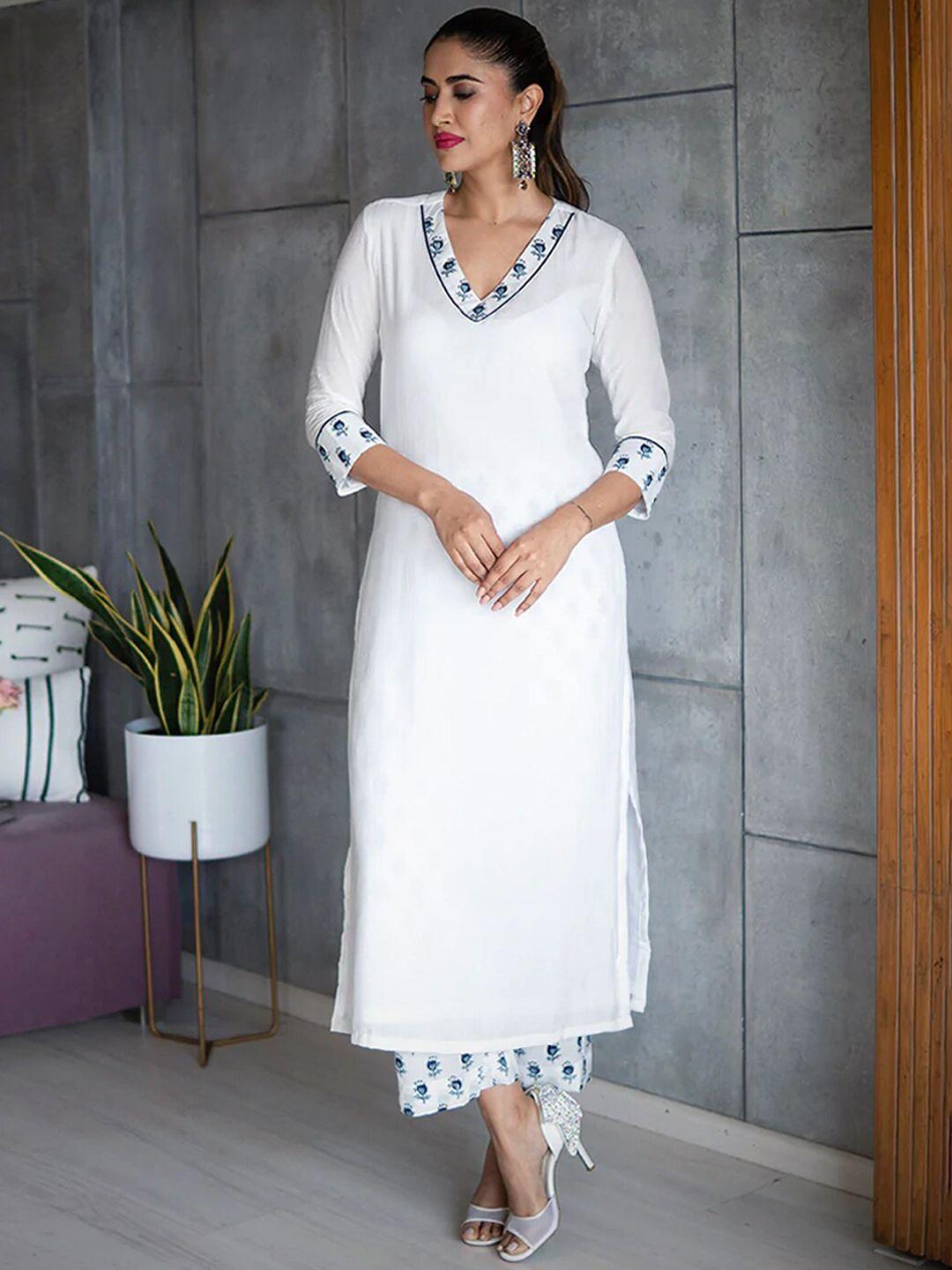 ambraee women floral yoke design kurta with trousers