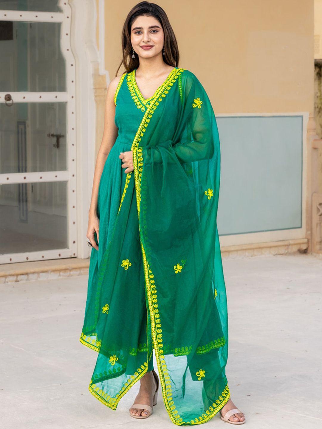 ambraee women green ethnic motifs embroidered regular aari work kurta with trousers & with dupatta