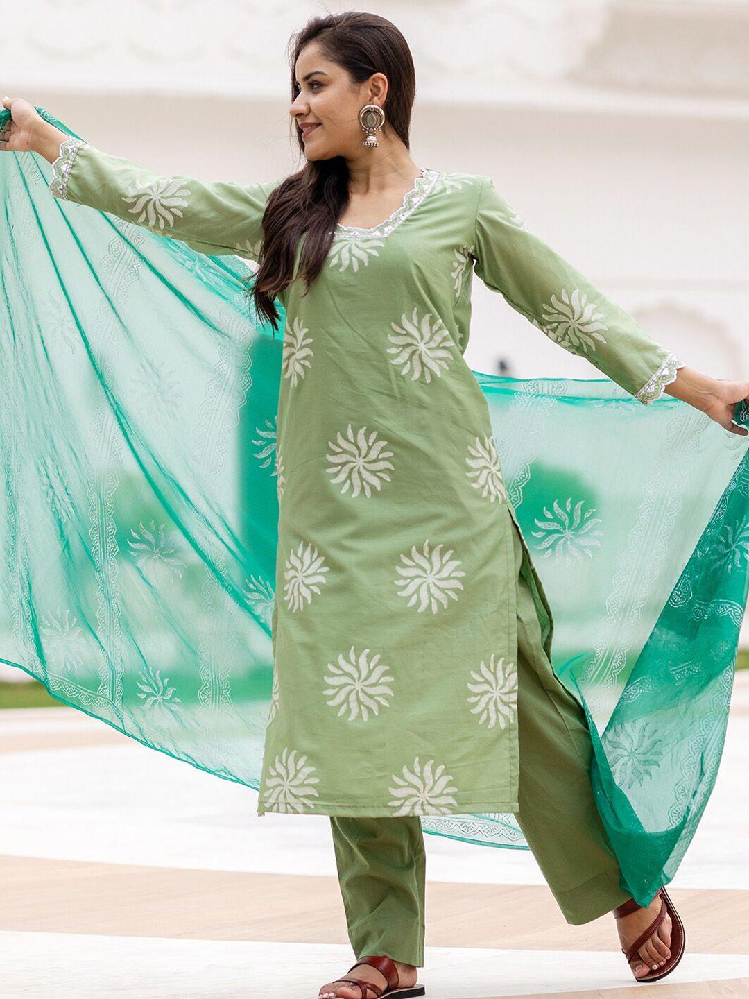 ambraee women green floral printed chanderi cotton kurta with trouser with dupatta