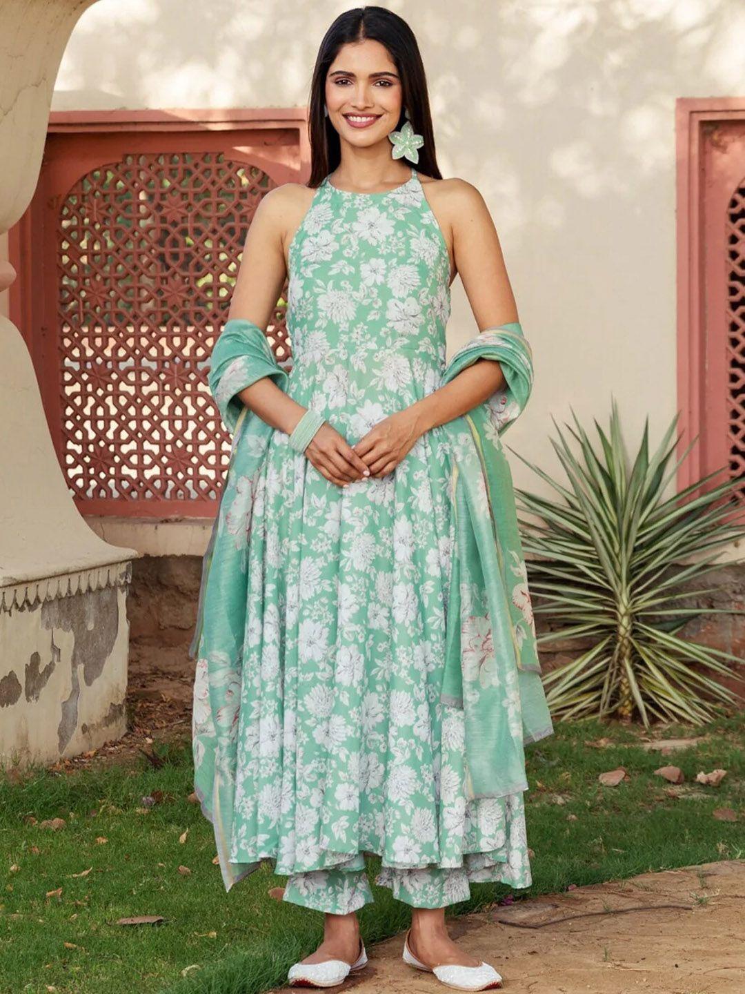 ambraee women green floral printed kurta with palazzos & with dupatta