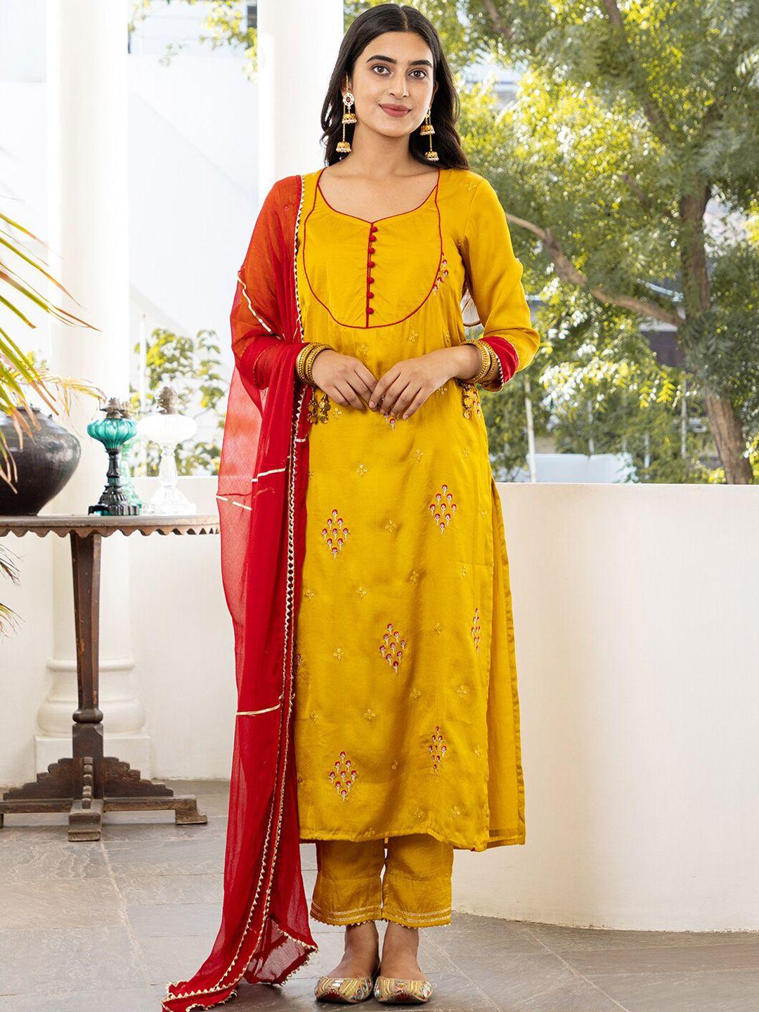 ambraee women mustard yellow floral embroidered kurta with trousers & dupatta