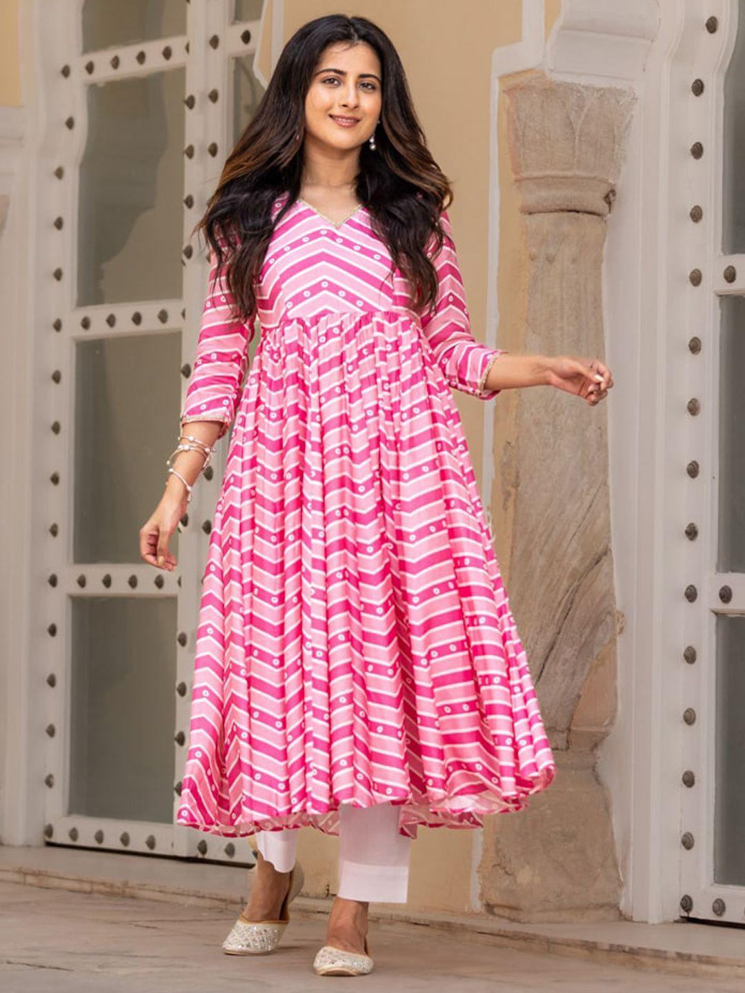 ambraee women pink bandhani printed angrakha kurta with trousers
