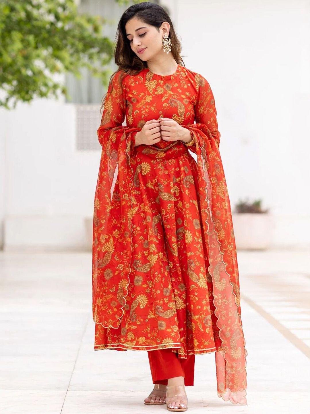 ambraee women red ethnic printed kurta with trousers & dupatta