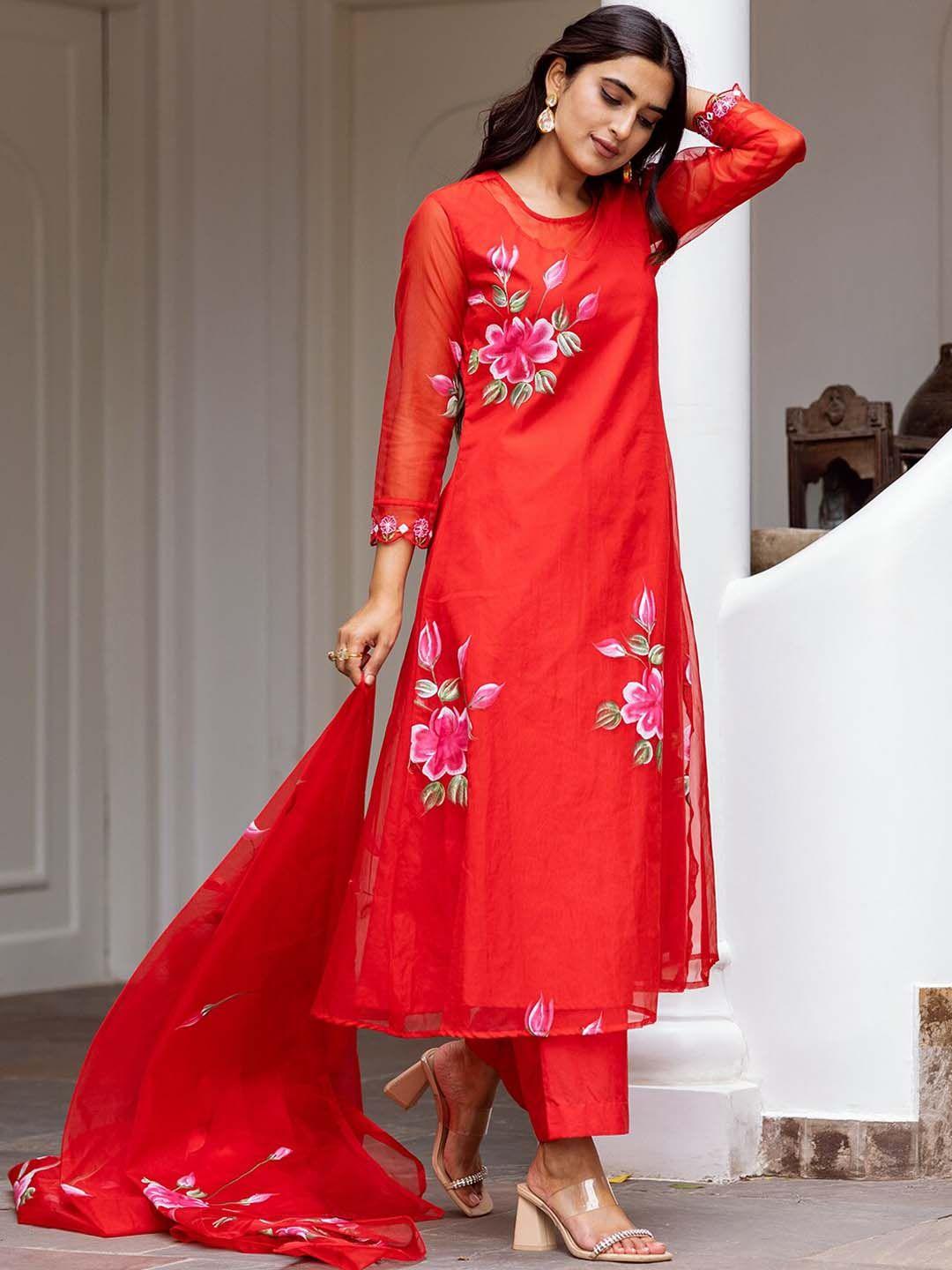 ambraee women red floral printed kurta with trousers & dupatta