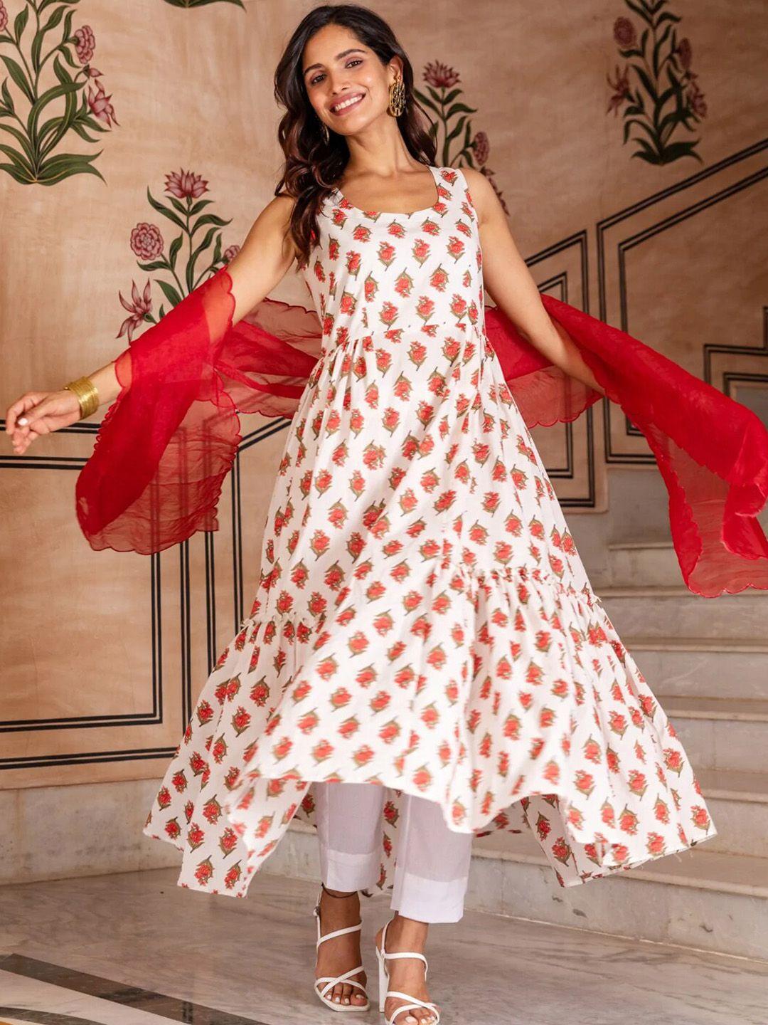 ambraee women white & red floral tiered empire anarkali kurta with trousers & dupatta