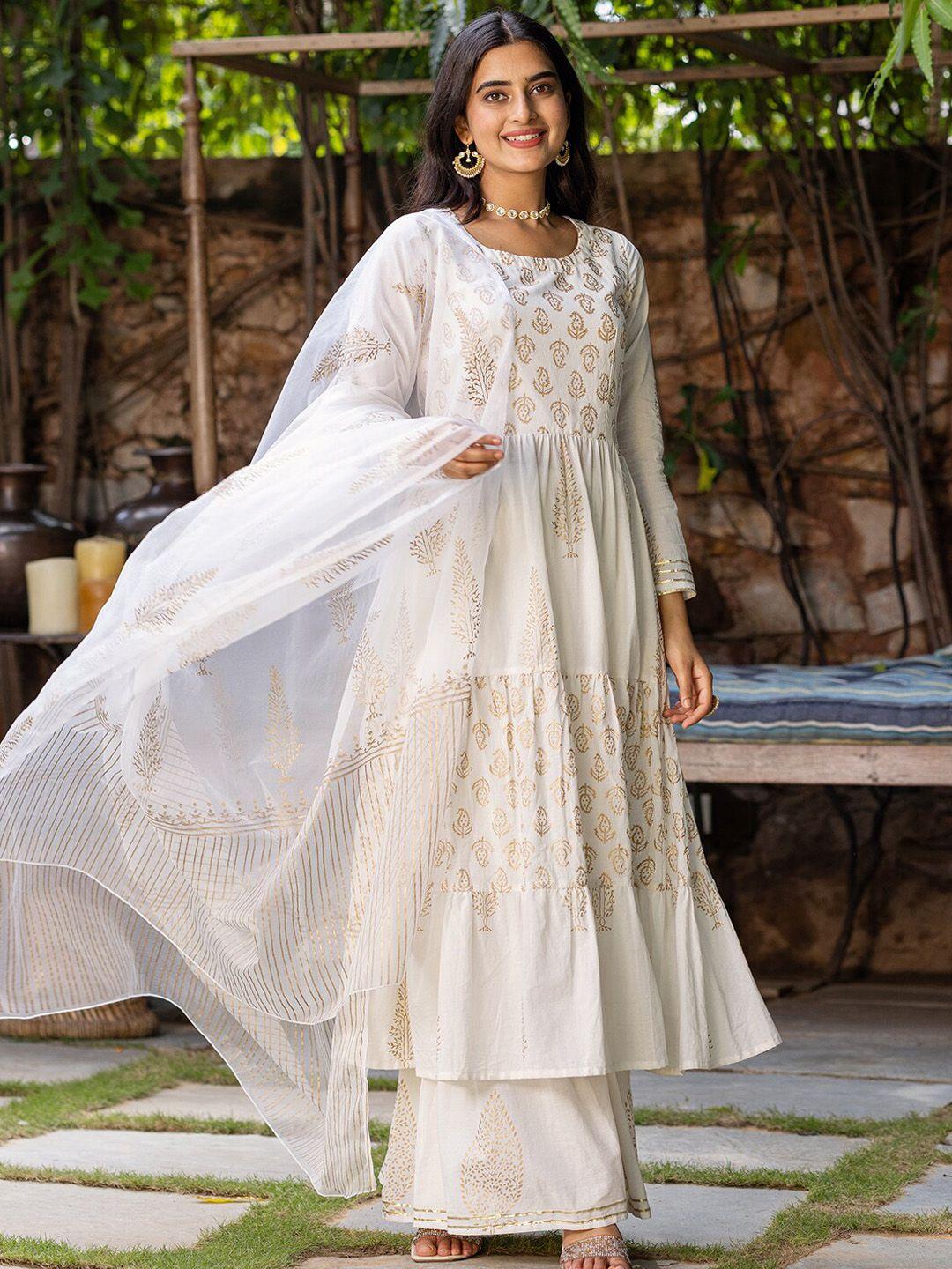 ambraee women white ethnic motifs printed kurta with sharara & dupatta