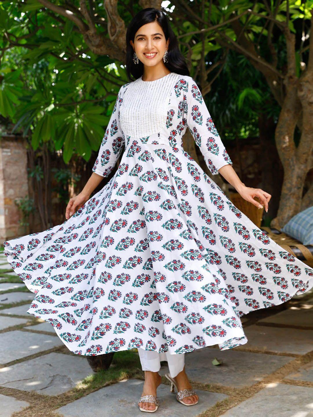 ambraee women white floral printed angrakha gotta patti kurta with trousers & with dupatta