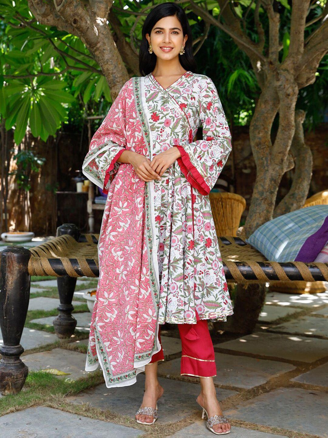 ambraee women white floral printed angrakha kurta with trousers & with dupatta