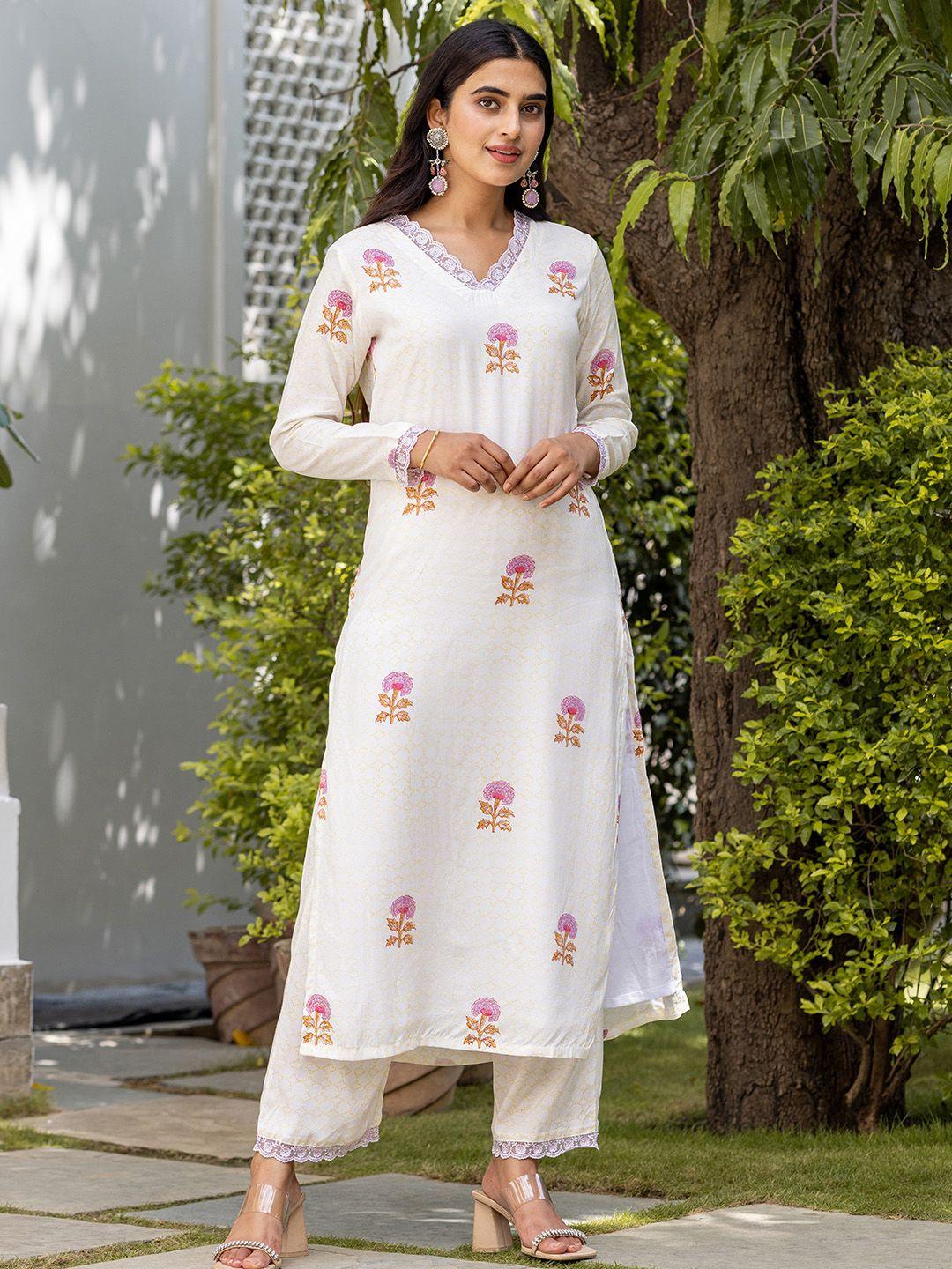 ambraee women white floral printed kurta with trousers