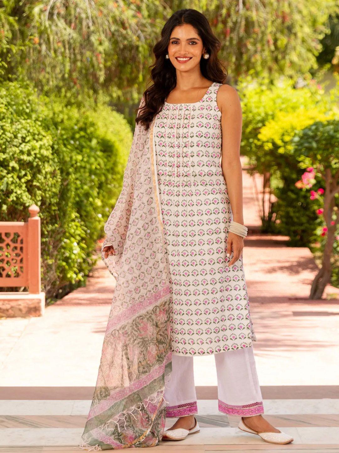 ambraee women white printed kurta with trousers & with dupatta