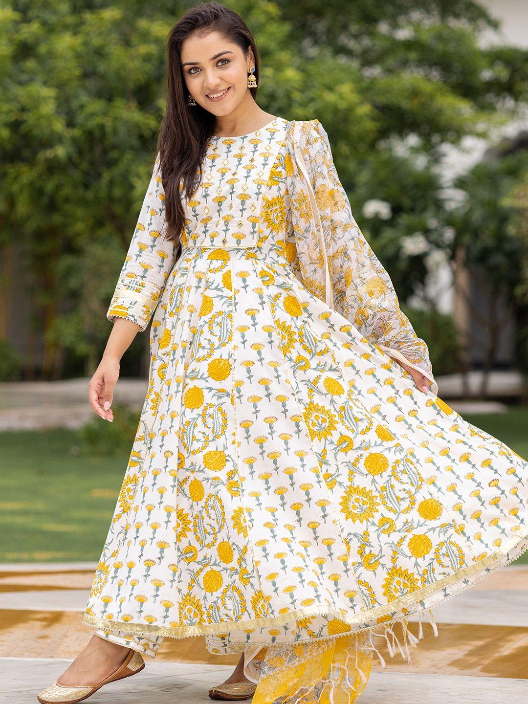ambraee women yellow floral printed pleated kurta with trousers with dupatta