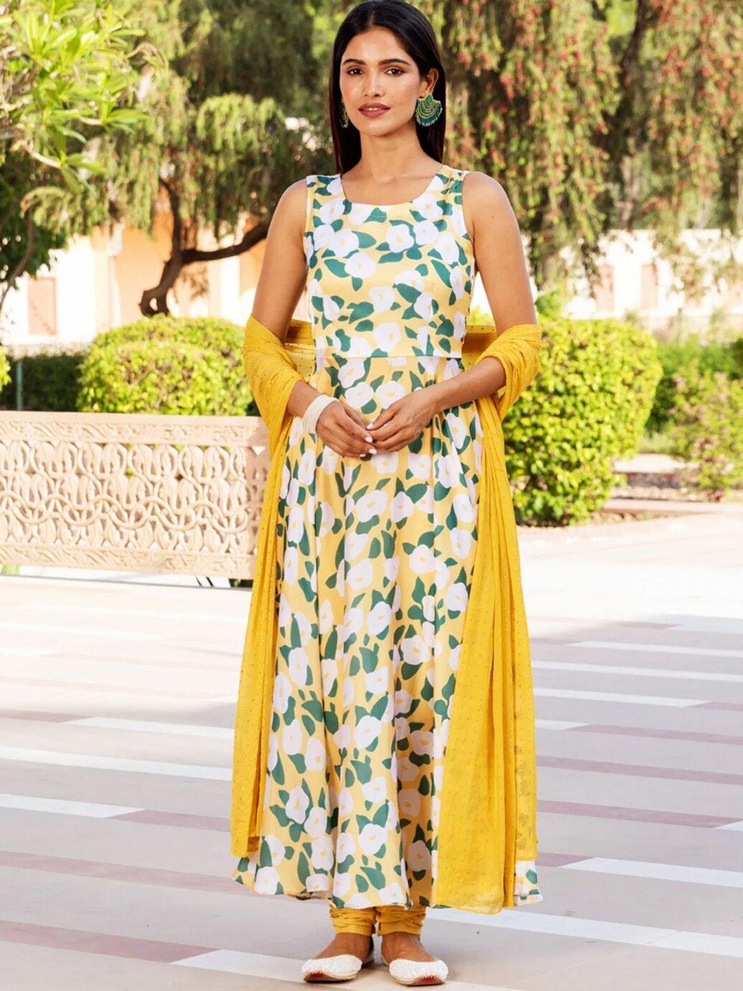 ambraee women yellow printed kurta with trousers & with dupatta