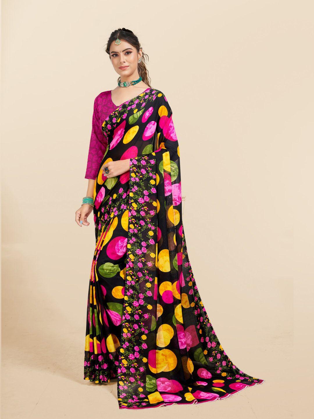 ambuja international black & pink geometric printed saree