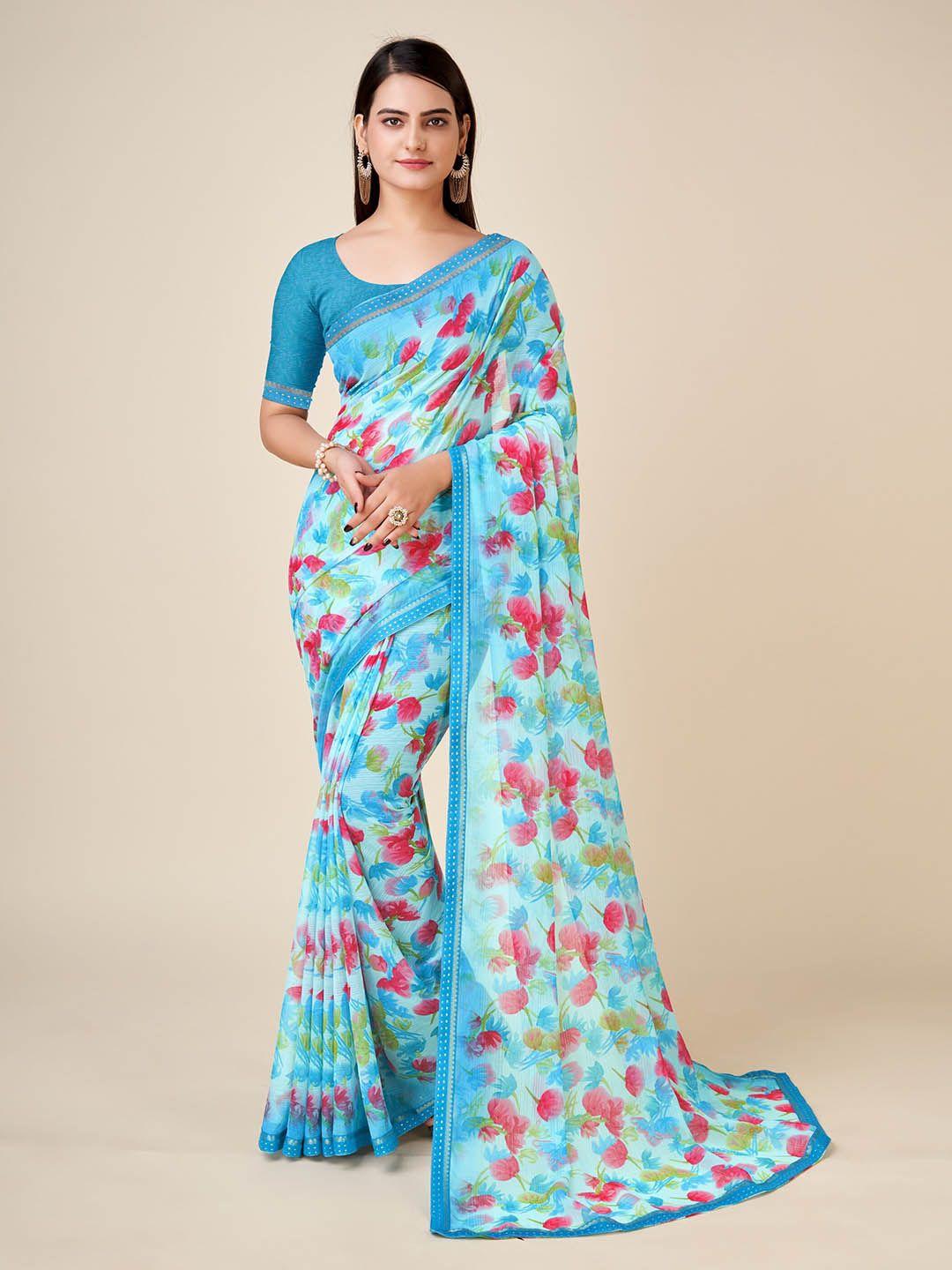 ambuja international floral printed zari pure chiffon saree