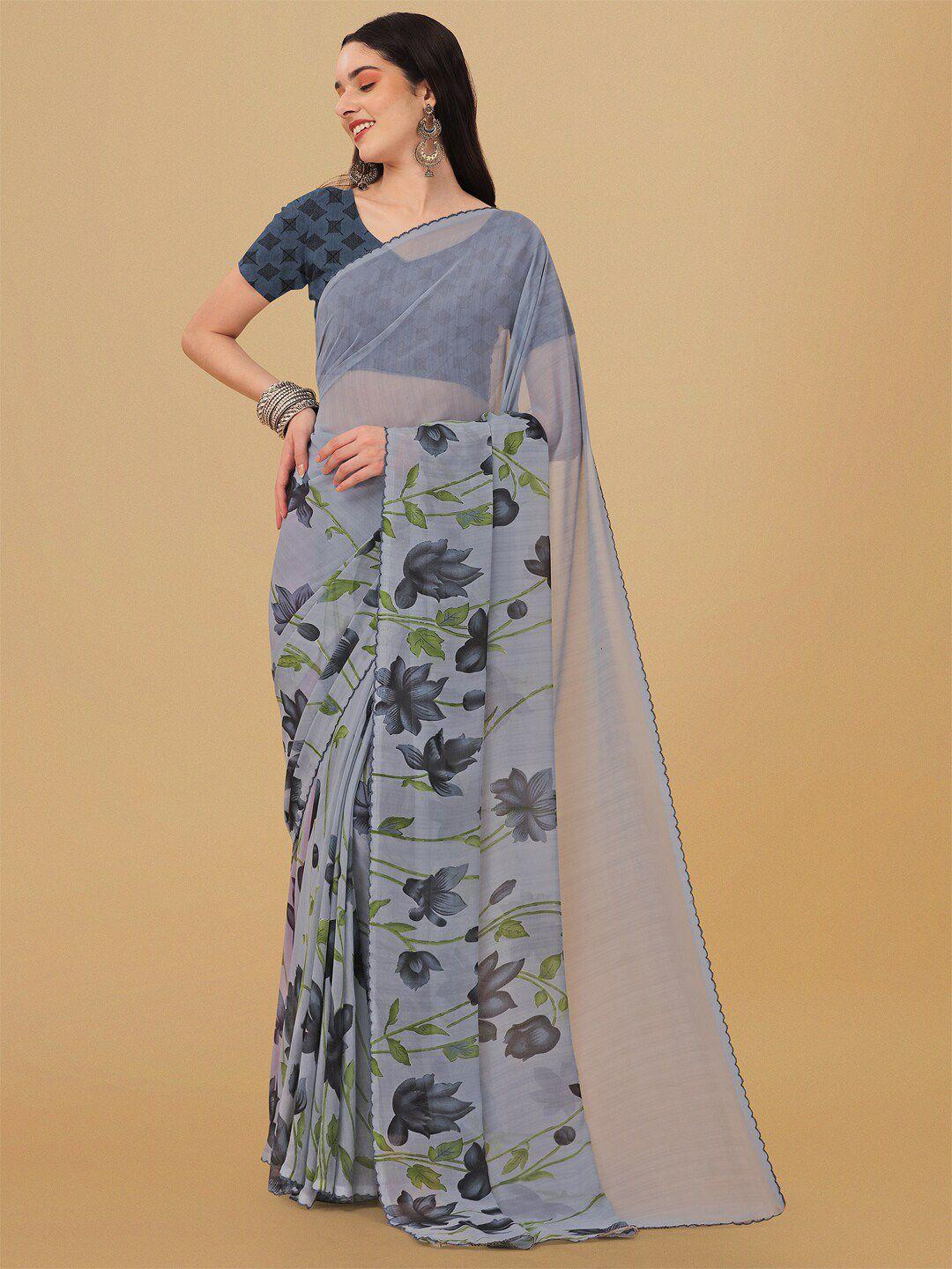 ambuja international grey & black floral poly georgette saree