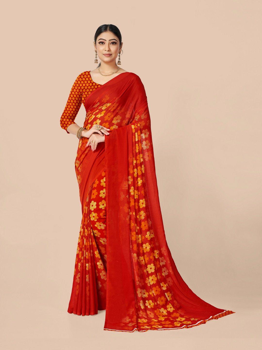 ambuja international red & yellow floral printed saree