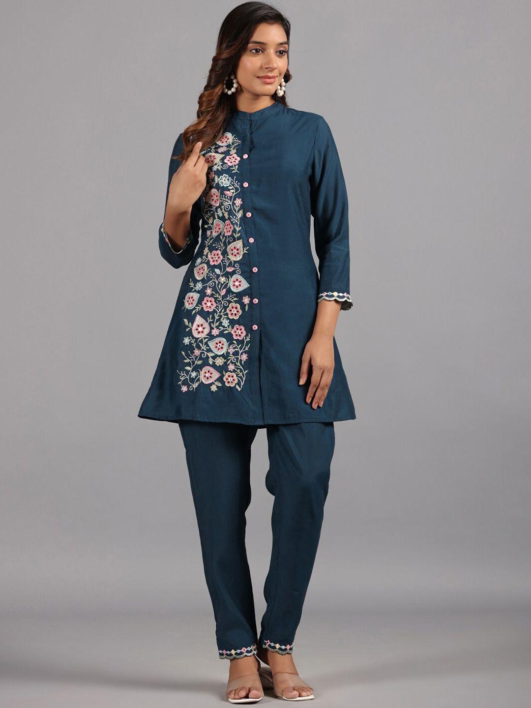 amchoor embroidered mandarin collar shirt with trousers