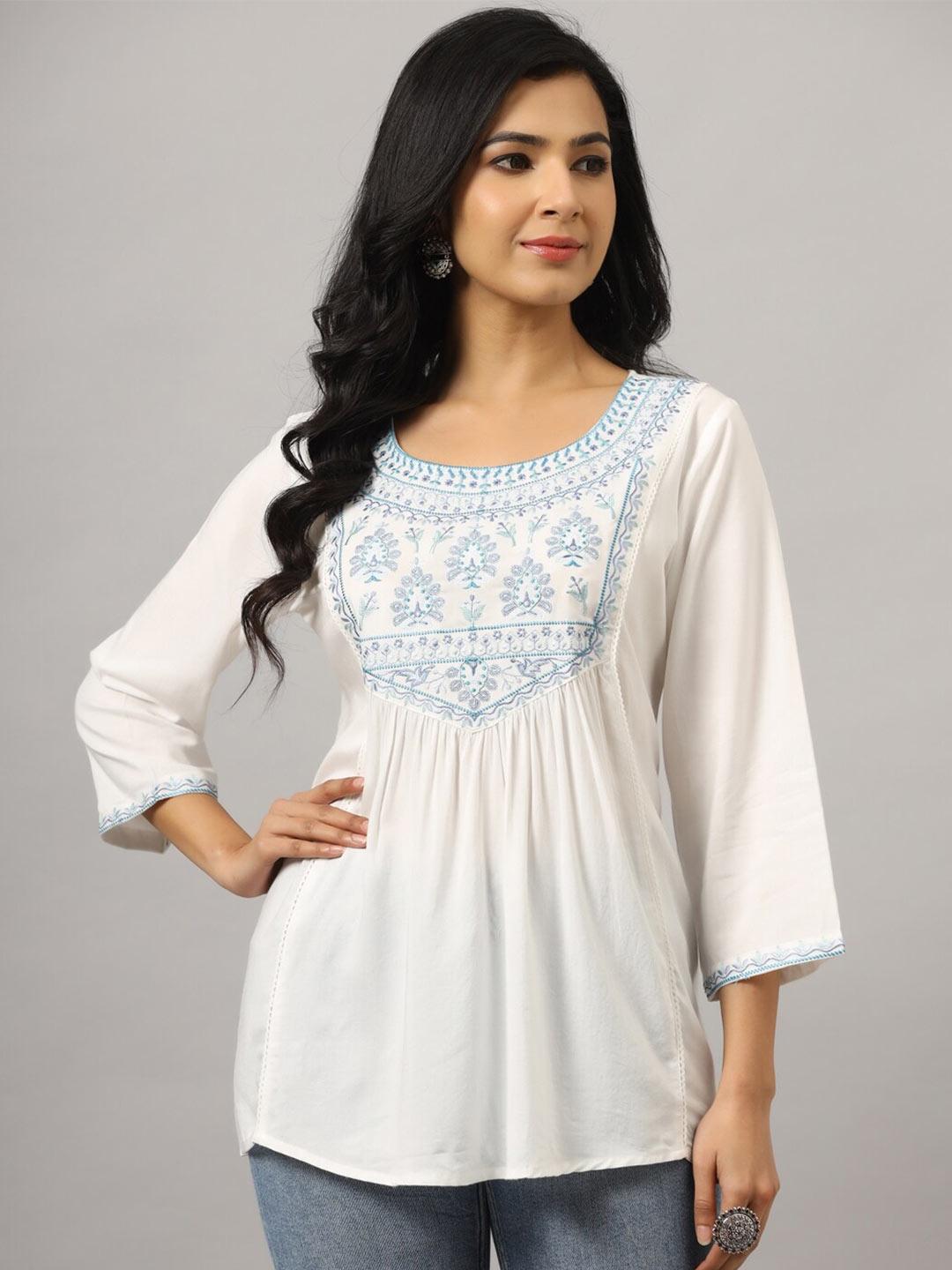 amchoor floral embroidered round neck empire top