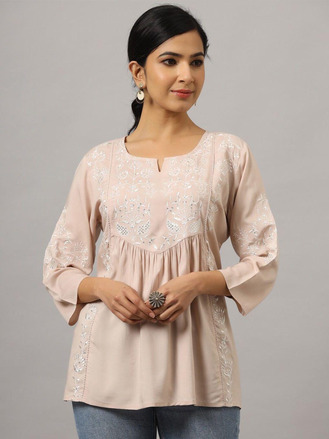 amchoor floral embroidered round neck sequined empire top