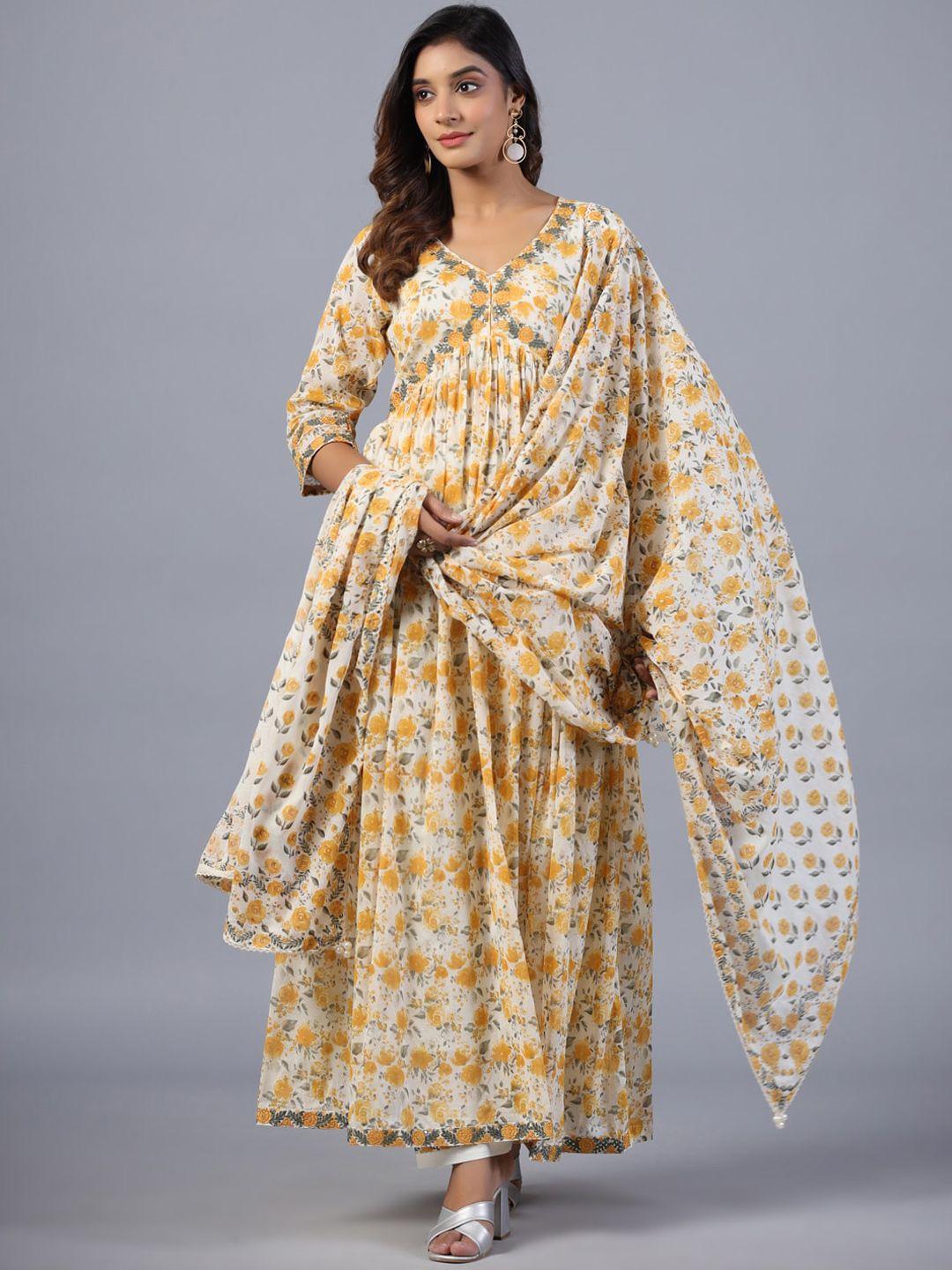 amchoor floral printed gathered empire kurta with trousers & with dupatta
