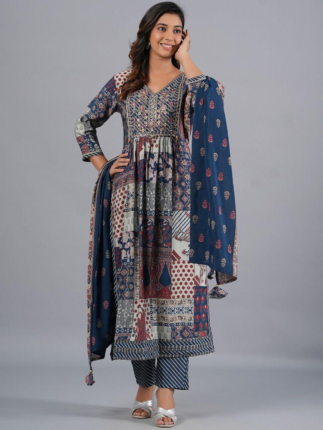 amchoor floral printed thread work detailed a-line kurta & trouser with dupatta